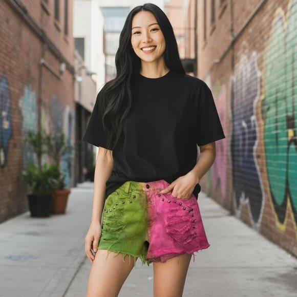 Goodfellow Pants - Goodfellows Womens Sz 7/8 Green Pink Studded Distressed Cut Off Rockstar Shorts